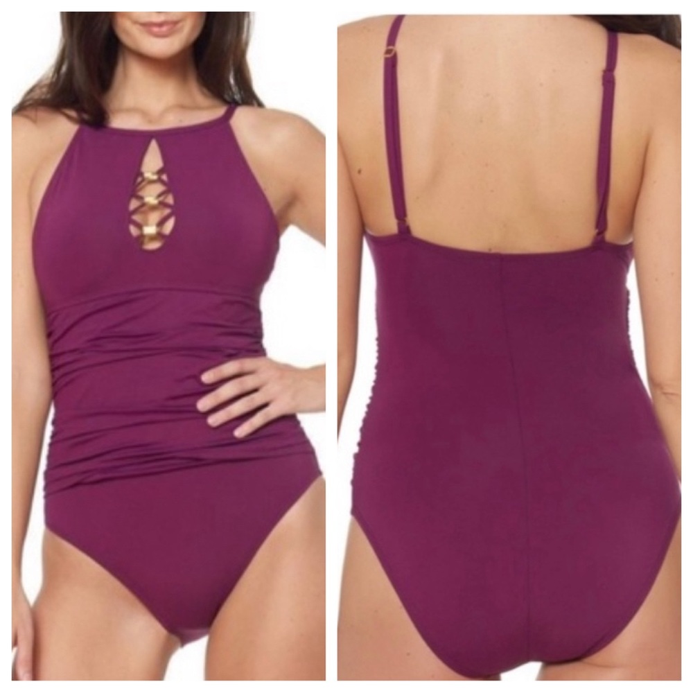 BLEU ROD BEATTIE | go for gold one piece swimsuit in cherry wine, size 10